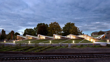 Water treatment facility by Skylab Architecture features a roof of grass-covered fins