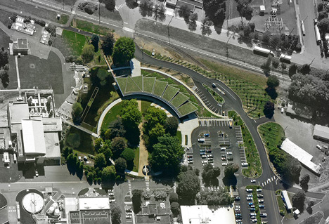 Water treatment facility by Skylab Architecture features a roof of grass-covered fins