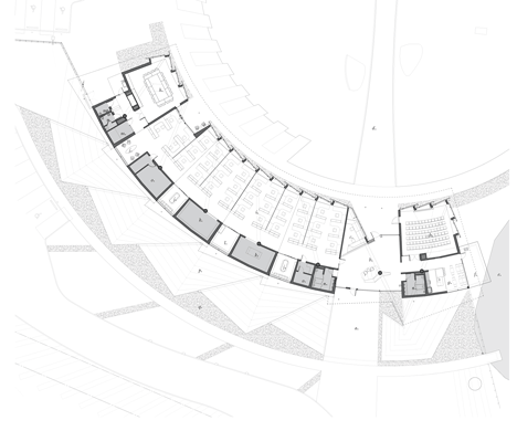 Floor plan of Water treatment facility by Skylab Architecture features a roof of grass-covered fins