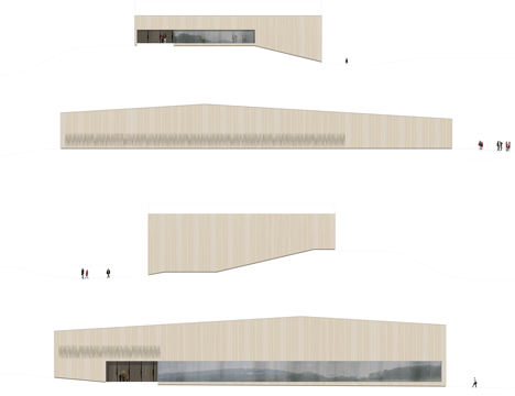 Timber walls feature narrow vertical slices at Virdis Architecture's Lussy Sports Hall