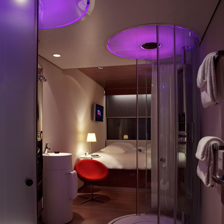 CitizenM is a hotel made of prefabricated room modules at Schiphol Airport, Amsterdam, designed by Dutch architectural firm Concrete.