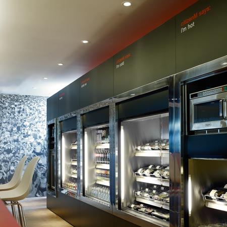CitizenM is a hotel made of prefabricated room modules at Schiphol Airport, Amsterdam, designed by Dutch architectural firm Concrete.