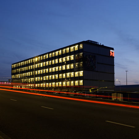 CitizenM is a hotel made of prefabricated room modules at Schiphol Airport, Amsterdam, designed by Dutch architectural firm Concrete.