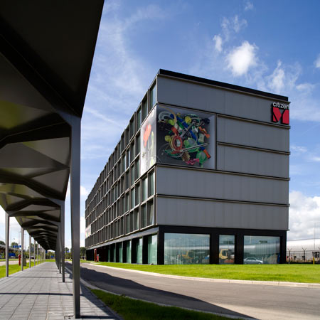CitizenM is a hotel made of prefabricated room modules at Schiphol Airport, Amsterdam, designed by Dutch architectural firm Concrete.