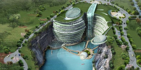 Cave hotel underway in water-filled Chinese quarry