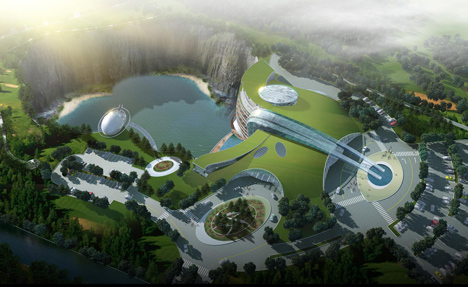 Cave hotel underway in water-filled Chinese quarry