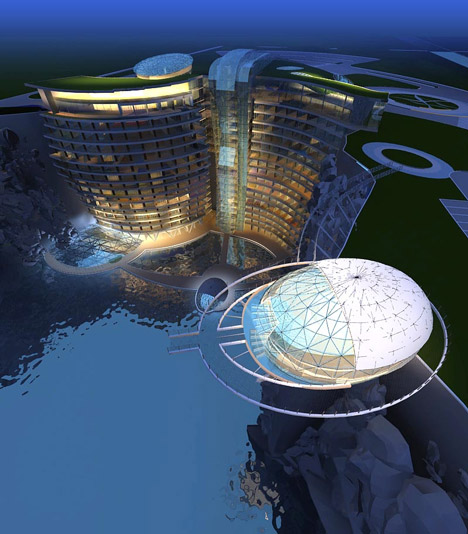 Cave hotel underway in water-filled Chinese quarry