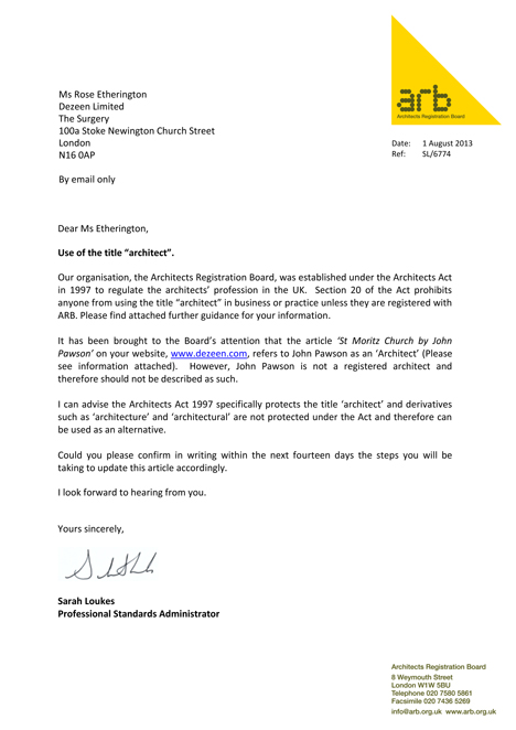 ARB's letter to Dezeen. Click to view a larger version