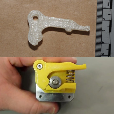 3D printed "trigger" found by Greater Manchester Police compared to a Makerbot Replicator 2 extruder alternative