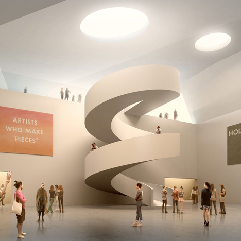 Garden of the 21st Century pavilion with spiral staircase under a park in Warsaw by Mecanoo