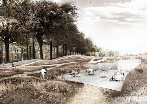 Garden of the 21st Century pavilion with spiral staircase under a park in Warsaw by Mecanoo