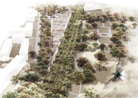 Garden of the 21st Century pavilion with spiral staircase under a park in Warsaw by Mecanoo