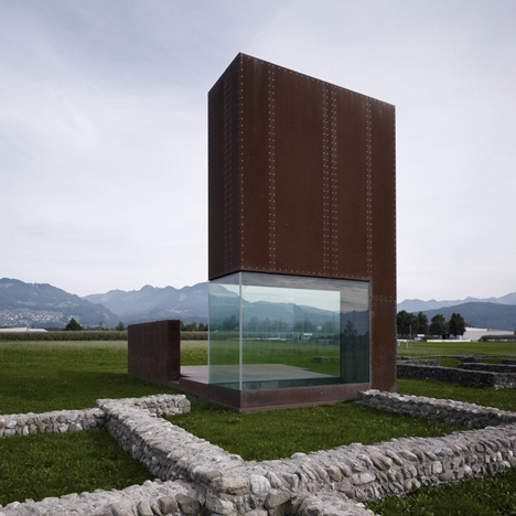 Rusty steel tower by Marte.Marte Architects frames Roman ruins in Austria