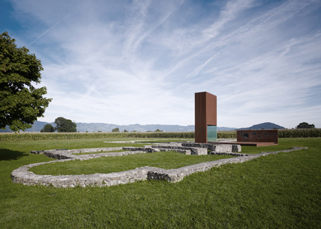 Rusty steel tower by Marte.Marte Architects frames Roman ruins in Austria