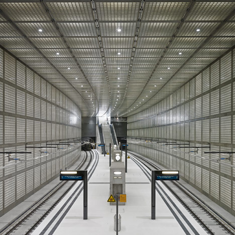 Glowing glass blocks surround the Wilhelm-Leuschner-Platz S-Bahn station by Max Dudler