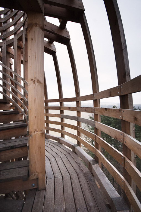 Timber observation tower shaped like a cucumber by Mjölk Architekti