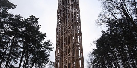 Timber observation tower shaped like “a cucumber” by Mjölk Architekti