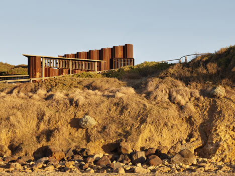 Third Wave Kiosk built from weathered steel piles by Tony Hobba Architects