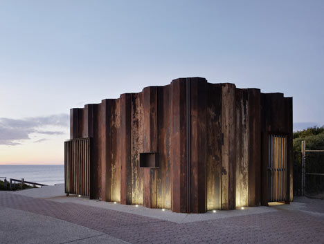 Third Wave Kiosk built from weathered steel piles by Tony Hobba Architects