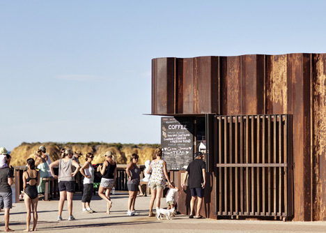 Third Wave Kiosk built from weathered steel piles by Tony Hobba Architects