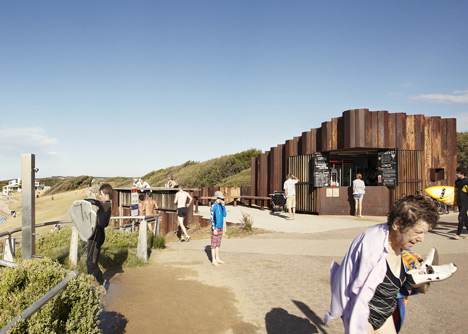 Third Wave Kiosk built from weathered steel piles by Tony Hobba Architects