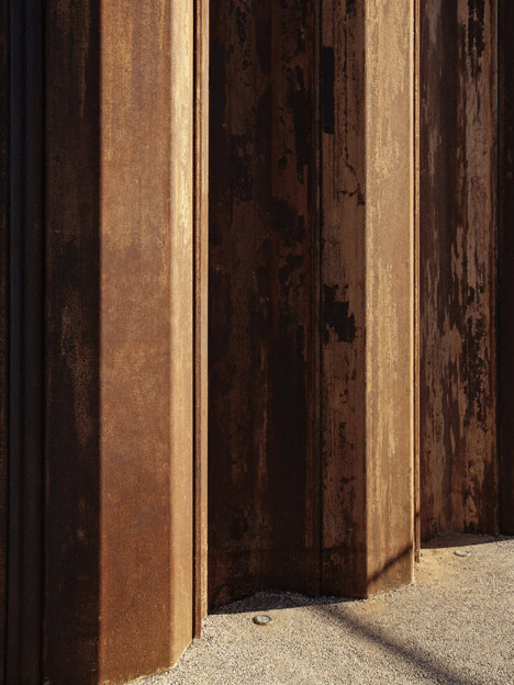 Third Wave Kiosk built from weathered steel piles by Tony Hobba Architects