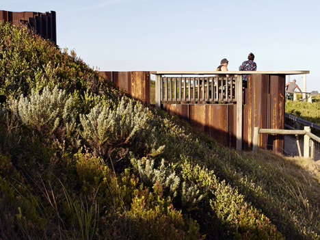 Third Wave Kiosk built from weathered steel piles by Tony Hobba Architects