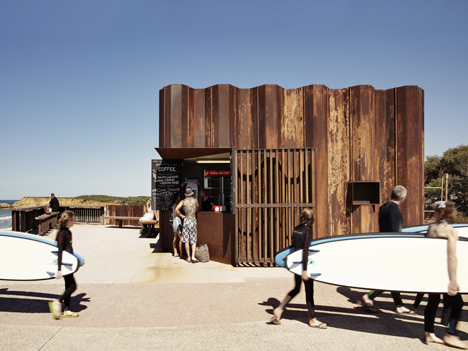 Third Wave Kiosk built from weathered steel piles by Tony Hobba Architects