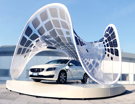 Volvo Pure Tension Pavilion that charges an electric car by Synthesis Design + Architecture
