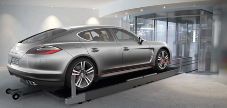 Car lift in Porsche Design Tower in Miami