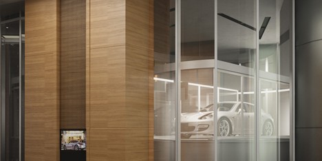 Car lift in Porsche Design Tower in Miami