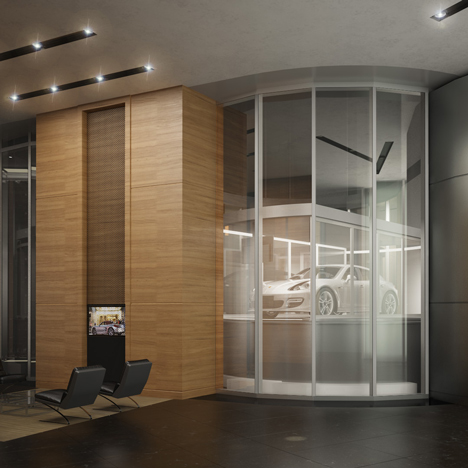 Car lift in Porsche Design Tower in Miami