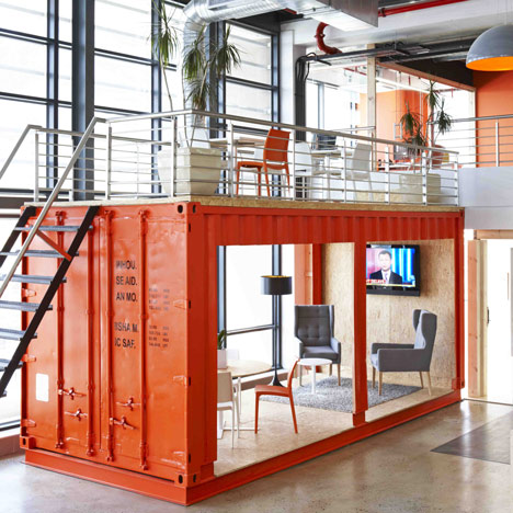 99c offices by Inhouse Brand Architects features a waiting room inside a shipping container