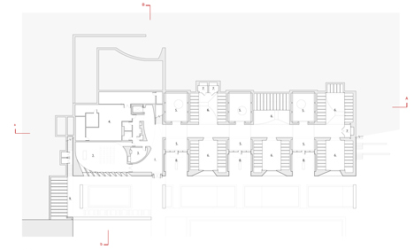 Garden level floor plan of Garden Mausoleum by HGA features rough granite, white marble and gleaming onyx