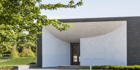 Garden Mausoleum by HGA features rough granite, white marble and gleaming onyx