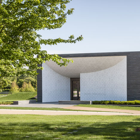 Garden Mausoleum by HGA features rough granite, white marble and gleaming onyx