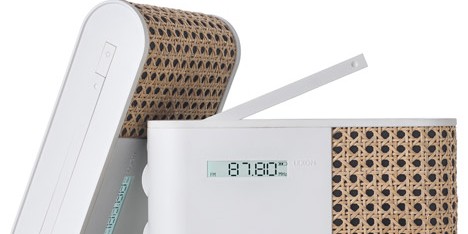 Hybrid radio wrapped in woven rattan by Mathieu Lehanneur for Lexon