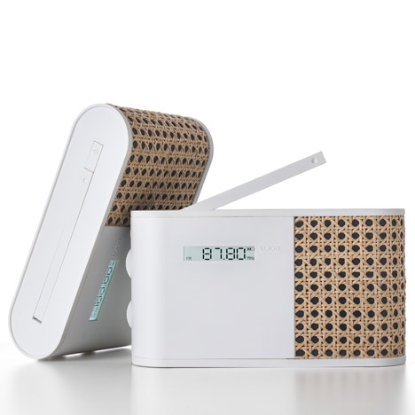 Hybrid radio wrapped in woven rattan by Mathieu Lehanneur for Lexon