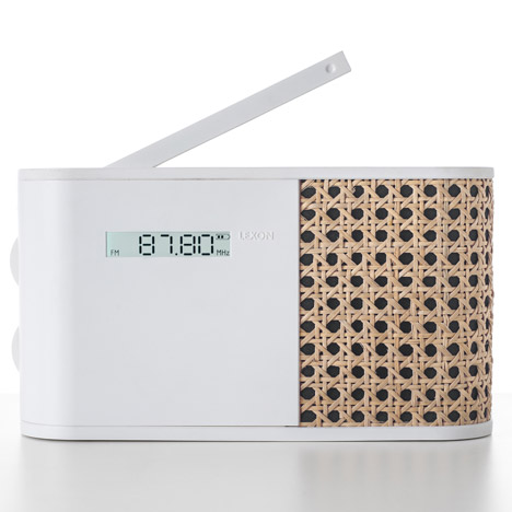 Hybrid radio wrapped in woven rattan by Mathieu Lehanneur for Lexon