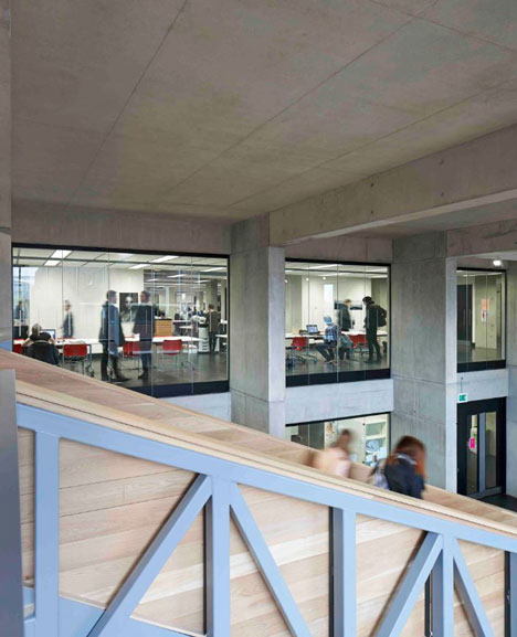 Manchester Metropolitan University art school extension with wooden stairs and bridges by Feilden Clegg Bradley Studios
