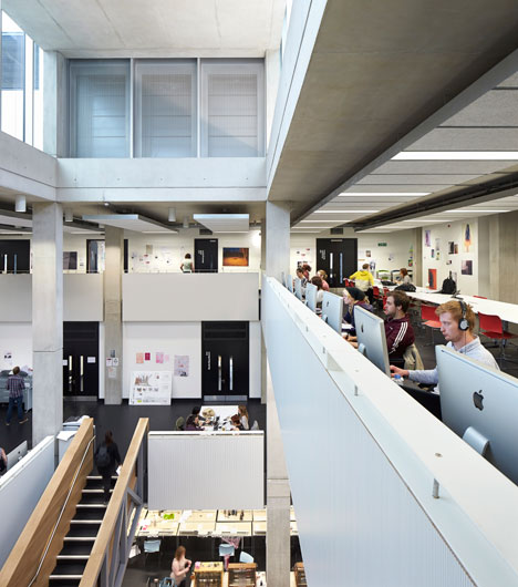 Manchester Metropolitan University art school extension with wooden stairs and bridges by Feilden Clegg Bradley Studios