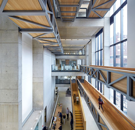 Manchester Metropolitan University art school extension with wooden stairs and bridges by Feilden Clegg Bradley Studios