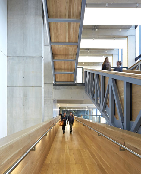 Manchester Metropolitan University art school extension with wooden stairs and bridges by Feilden Clegg Bradley Studios