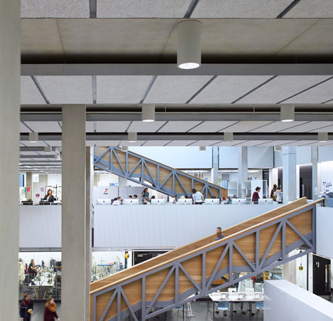 Manchester Metropolitan University art school extension with wooden stairs and bridges by Feilden Clegg Bradley Studios