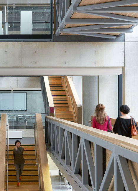 Manchester Metropolitan University art school extension with wooden stairs and bridges by Feilden Clegg Bradley Studios