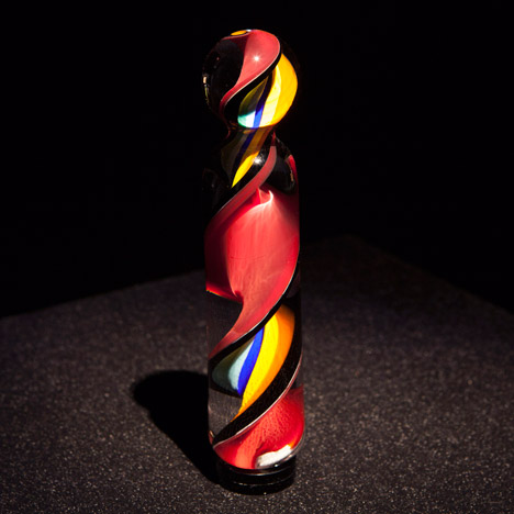 Marbled glass cylinder at BarberOsgerby In The Making exhibition at London Design Museum