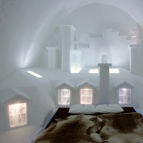 Parisian city skyline carved into an Icehotel room by Les ateliers de Germaine