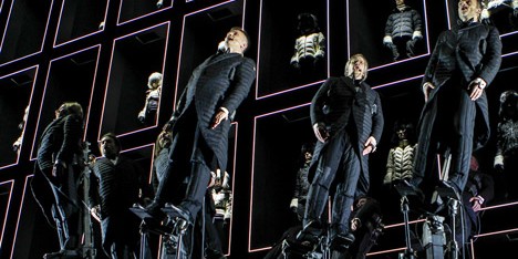Hydraulic mechanisms tilt singers at Moncler Autumn Winter 2014 presentation