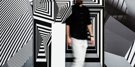 Monochrome graphics create optical illusions at Tobias Rehberger's solo exhibition