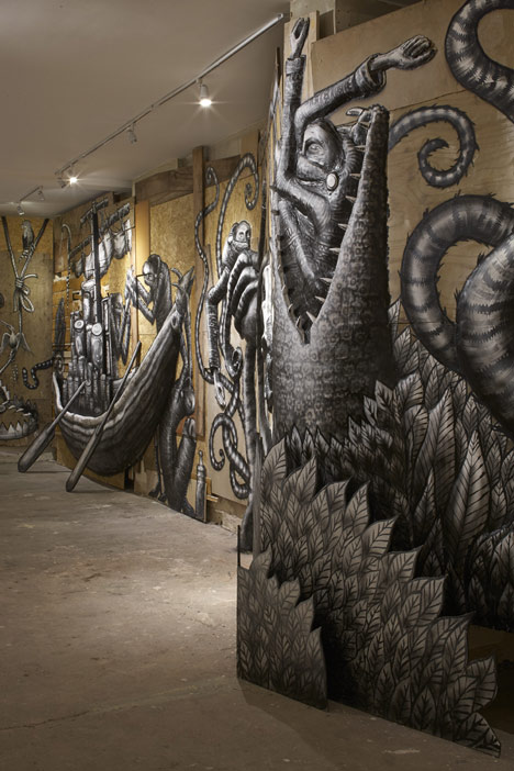 Graffiti fantasy creatures by Phlegm exhibited in east London